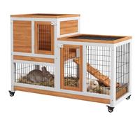 PawHut Clapier Lapin Intérieur en Bois sur roulettes 110x50x88 cm Jaune | Cage à Lapin 2 Niveaux avec Enclos, Rampe, 2 Portes Verrouillables, 2 Plateaux Amovibles, Nettoyage Facile