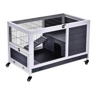 PawHut Clapier Lapin Intérieur Toit Ouvrant 90x53x59 cm Gris Foncé/Blanc | Toit Ouvrant, Roulettes, Plateau Amovible, Rampe, Cage en Bois