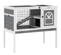PawHut Clapier surélevé en bois pour cochon d'Inde avec toit ouvrable, échelle, plateau amovible, 90 x 53 x 87 cm, gris