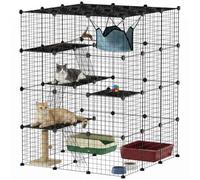 Pawhut Cage chat intérieur Parc DIY 4 niveaux 5 portes hamac plateformes rampes acier noir