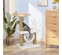 PawHut Design Arbre à chat Beige Cosy Chic - Griffoir Sisal Naturel, Tunnel, Plateforme, Quenouille - Peluche Polyester 56x40x91cm | Aosom France