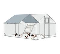 PawHut Enclos à Poules, poulailler galvanisé avec bâche imperméable et résistante aux UV, Trappe d'alimentation, mangeoire Suspendue, perchoir, pour 12 à 18 Poules, Canards, Lapins, argenté