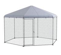 PawHut Enclos poulailler chenil volière Hexagonal extérieur 10 m² - Parc grillagé 400 x 346 x 263 cm - Espace Couvert - Acier galvanisé - 10-15 Poules, argenté
