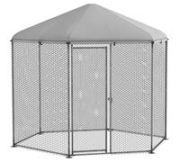 PawHut Enclos poulailler chenil volière Hexagonal extérieur 5 m² - Parc grillagé 280 x 245 x 246 cm - Espace Couvert - Acier galvanisé - 5-8 Poules, argenté