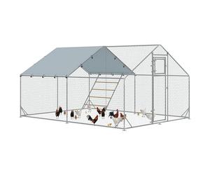 PawHut Enclos poulailler extérieur 12 m², Parc grillagé avec perchoir et mangeoire - Acier galvanisé Ø25mm - volière Double Porte et bâche Oxford 420D Anti-UV pour 12-18 Poules, 300x400x195cm, Argent