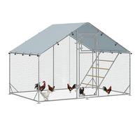 PawHut Enclos poulailler extérieur 6 m², Parc grillagé avec perchoir et mangeoire - Acier galvanisé Ø25mm - volière Double Porte et bâche Oxford 420D Anti-UV pour 6-8 Poules, 300x200x195cm, Argent
