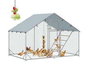 PawHut Enclos poulailler extérieur 6 m², Parc grillagé avec perchoir et mangeoire - Acier galvanisé Ø25mm - volière Double Porte et bâche Oxford 420D Anti-UV pour 6-8 Poules, 300x200x195cm, Argent