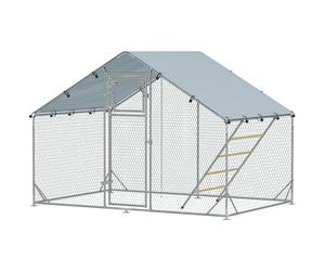 PawHut Enclos poulailler extérieur parc grillagé 6 m² avec perchoir et mangeoire acier galvanisé Ø25mm 300x200x195cm argent