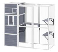 PawHut Enclos pour Chat extérieur Bois 3 Plateformes Gris | Maison pour chat, toit résistant, zone de repos, fenêtre, grillage, jusqu'à 10 kg, intérieur/extérieur.