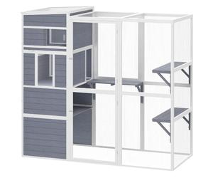 PawHut Enclos pour Chat extérieur Bois 3 Plateformes Gris | Maison pour chat, toit résistant, zone de repos, fenêtre, grillage, jusqu'à 10 kg, intérieur/extérieur.