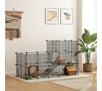 PawHut Enclos pour petits animaux, cage à lapin modulable 2 niveaux, 39 panneaux avec rampe, en acier, 140 x 70 x 105 cm, noir