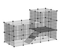 PawHut Enclos pour petits animaux, cage à lapin modulable 2 niveaux, 39 panneaux avec rampe, parc clôture pour animaux domestiques intérieur pour cochons d'inde, lapins, hérissons, en acier, noir