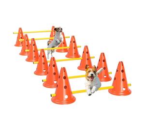 PawHut Ensemble d'Agilité pour Chien 6 Pièces avec 12 cônes, 12 poteaux, Parcours d'Obstacle Intérieur et Extérieur à Hauteur réglable avec Sac de Transport, Assemblage Facile, Orange