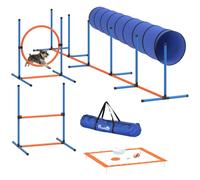 PawHut Ensemble d'Agilité pour Chien Tunnel Slaloms Anneau Jouets 8 Pièces | Sauts Ajustables, Zone de Pause, Gamelle, Sac de Transport, Parcours d'Obstacle, Jardin, Intérieur, Extérieur