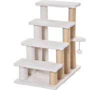 PawHut Escalier pour animaux domestiques avec griffoir Balle Escalier pour chats 4 marches Escalier pour chiens Escalier pour animaux Panneau d'aggloméré Peluche Jute Blanc 60 x 40 x 64 cm