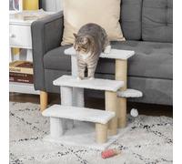 PawHut Escalier pour chat à 3 marches avec poteaux à griffer, balle, escalier pour chien, escalier pour animaux de compagnie pour chats jusqu'à 5 kg, peluche en jute blanc 45 x 40 x 48 cm