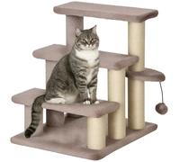 PawHut Escalier pour Chats Escalier pour Animaux domestiques 3 marches avec griffoirs Balle Escalier pour Chiens Escalier pour Animaux pour Chats jusqu'à 5 kg Peluche Jute Marron 45 x 40 x 48 cm