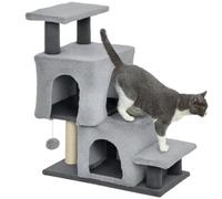 PawHut Escaliers réglables 4 marches pour Chatons et Chiens Gris | Marches pour animaux avec poteaux à griffer, condo pour chat, balle suspendue, escalier pour chien pour canapé et lit haut