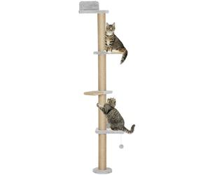 PawHut Étagères Murales pour Chat 180 cm, Arbre à Chat avec 4 Plateformes d'Escalade, Poteau à Griffer en Jute et Jouet Suspendu, Gris Clair Descriptions Longues:Optimisez votre visionnage avec notre 
