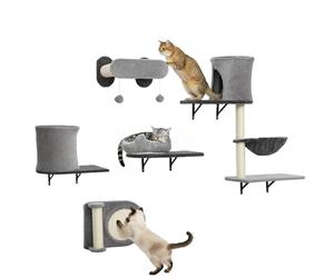 PawHut Étagères murales pour Chat, 5 pièces, Ensemble de Meubles, Arbre à Chat Mural, avec 2 niches, hamac, Plateformes, griffoirs en sisal pour Chatons d'intérieur jusqu'à 5 kg, Gris