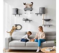 PawHut Étagères murales pour chat arbre à chat mural 5 pièces 2 niches hamac plateformes griffoirs en sisal gris