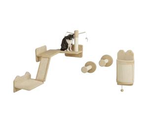 PawHut Étagères murales pour Chat, Ensemble de Meubles muraux pour Chat, Lot de 4 pièces, avec étagères, griffoirs, Plate-Forme de Saut, teasers, Balle de Jouet, Beige