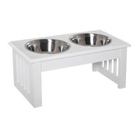 PawHut Gamelle Surélevée Double en Bois Blanc Élégante avec 2 Bols Inox 0,9L pour Chiens/Chats | Aosom France