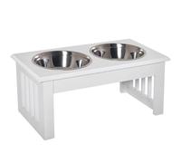 PawHut Gamelles Chiens surélevées gamelle Double Chien Chat Porte-gamelles surélevé dim. 44L x 24l x 15H cm 2 gamelles 0,9L Acier INOX. incluses Bois Blanc