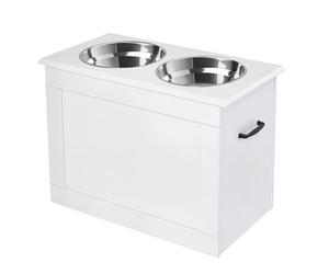 PawHut Gamelles Chiens surélevées gamelle Double Chien Chat Porte-gamelles surélevé dim. 60L x 30l x 41H cm 2 gamelles 2L poignées Coffre Bois Blanc