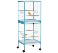 PawHut Grande Cage à Oiseaux sur Pied Double 51,5 x 50 x 140 cm Bleu Clair | Volière Oiseaux Intérieur, Mangeoires, Perchoirs, Plateau Amovible, Roulettes