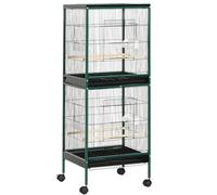 PawHut Grande Cage à Oiseaux sur Pied Double 51,5 x 50 x 140 cm Vert Noir | Volière Oiseaux Intérieur, Mangeoires, Perchoirs, Plateau Amovible, Roulettes
