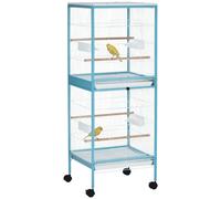 PawHut Grande cage à oiseaux sur pied - volière double avec mangeoires perchoirs plateau amovible - roulettes - 51,5 x 50 x 140 cm bleu