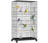 PawHut Grande Cage à Oiseaux sur roulettes en Acier 77 x 46,5 x 141 cm Noir | Volière Oiseaux Intérieur, Plateau Amovible, pour Canaris Perruches Petits Perroquets, Portes, Perchoirs, Mangeoires