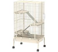 PawHut Grande Cage enclos Lapin à 4 Niveaux, Parc Lapin pour furets et Chinchillas avec 2 Portes, 3 rampes, Plateau Profond de 15 cm, roulettes, Bouteille d'eau, gamelle, 69 x 44 x 120 cm, Beige