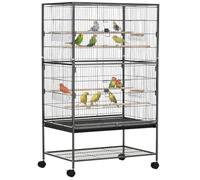PawHut Grande Cage Oiseau sur Pied sur roulettes 78x52x132cm Gris Foncé | Cage Perroquet, 4 Perchoirs, 4 Mangeoires, Plateau Amovible, Volière Oiseaux Intérieur, pour Perruche Canari Calopsitte