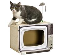PawHut Grattoir en carton pour chats en forme de télévision avec souris jouet centre d'activités pour animaux de compagnie 43 x 23 x 32,5 cm Sable
