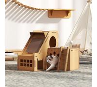 PawHut Griffoir en carton pour chats forme château 2 en 1 Griffoir pour chats avec 2 zones de grattage Herbe à chat 67x66x57 cm Marron
