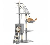 PawHut Griffoir pour Chats avec maisonnette, perchoir, Plateformes et 4 Souris suspendues, Tour pour Chats en aggloméré, Peluche et sisal, 60 x 35 x 134 cm, Gris