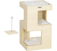 PawHut grotte pour chats, armoire à chats à 3 niveaux avec coussins, niche pour chats, maison pour chats avec faux jouets de souris, meuble pour chats, intérieur, chêne, 34 x 34 x 60 cm