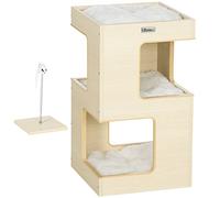 PawHut Grotte pour Chats, Armoire à Chats à 3 Niveaux avec Coussins, Niche pour Chats, Maison pour Chats avec Faux Jouets de Souris, Meuble pour Chats, intérieur, chêne, 34 x 34 x 60 cm