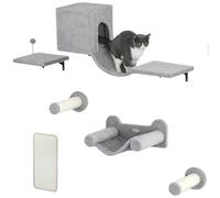 PawHut Jeu de 6 étagères murales d'escalade pour chats avec condominium plateforme hamac escalier cintre griffoir poteau en sisal boule de jouet gris