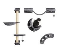 PawHut Kletterwand Katzen, 4-teiliges Katzenwandmöbel Set mit Hängematte, Katzenbrücke, Plattformen, Hängeball und Kratzsäule zum Klettern, Spielen und Schlafen bis 5 kg, Dunkelgrau