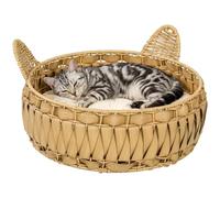 PawHut Lit Chat, Grotte Chat jusqu'à 10 kg 50x50x25 cm Marron Clair | Coussin amovible, panier pour chat, maison pour chat, rotin