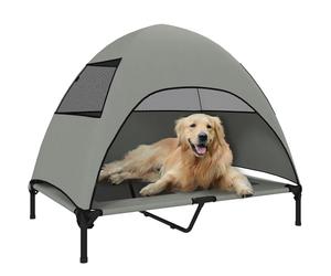 PawHut Lit de camping pour chiens avec toit, lit surélevé pour grands chiens, couchage rafraîchissant pour animaux de compagnie avec maille lavable, cadre en acier, sac de transport, lit pour animaux