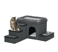 PawHut Lit-Grotte pour Chat avec Coussin et escalier 78x48x49.5 cm Gris