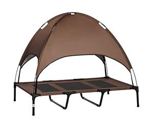PawHut Lit pour Chien Chat sur Pieds Grand Confort Velum Anti-UV Tissu Oxford Micro-perforé + Parasol + Sac de Transport Inclus Marron Noir