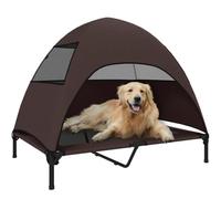 PawHut Lit surélevé extérieur avec auvent 41,7"x29,9"x39" café | Lit rafraîchissant, pour grands chiens, maille lavable, cadre acier, camping et jardin