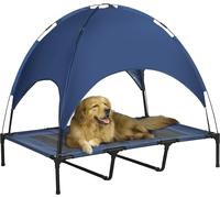PawHut Lit surélevé pour chien avec baldaquin, lit pour animaux domestiques, lit pour chien à l'extérieur avec toit, respirant, tissu taffetas pour camping bleu foncé 122 x 92 x 108 cm