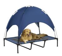 PawHut Lit surélevé pour chien avec baldaquin, lit pour animaux domestiques, lit pour chien à l'extérieur avec toit, respirant, tissu taffetas pour camping bleu foncé 122 x 92 x 108 cm