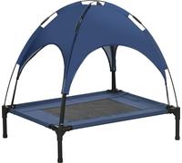 PawHut Lit surélevé pour chien avec baldaquin, lit pour animaux domestiques, lit pour chien à l'extérieur avec toit, respirant, tissu taffetas pour camping bleu foncé 76 x 61 x 73 cm